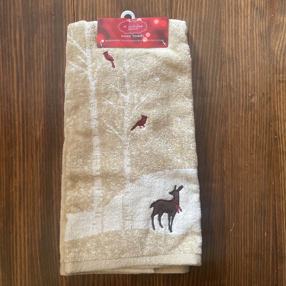 ST. NICHOLAS SQUARE HAND TOWEL (16"×25") WITH CARDINALS AND A DEER WITH A BOW